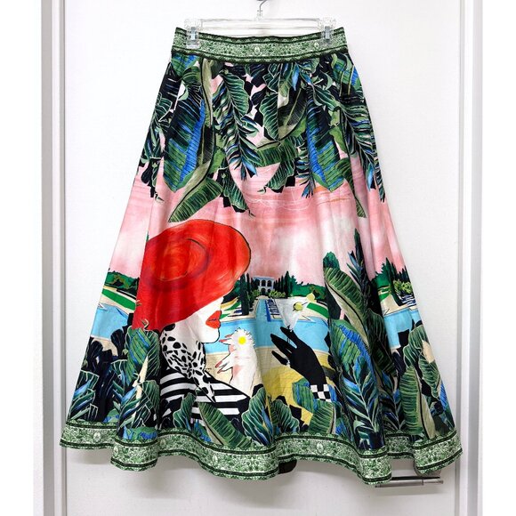 NWT Alice + Olivia Palm Beach Earla Midi Skirt Woman Red Hat Pink Print 4 - Picture 3 of 14